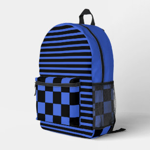 Royal Blue Black Vintage Checkered and Striped Printed Backpack