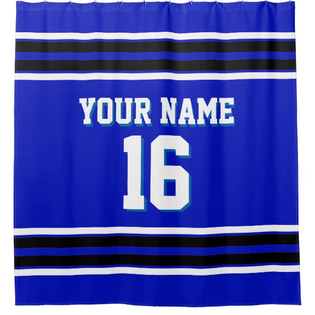 Royal Blue Black White Stripes Sports Jersey Shower Curtain (Front)