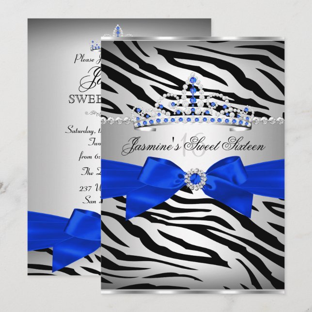 Royal Blue & Black Zebra Sweet 16 Birthday Party Invitation (Front/Back)
