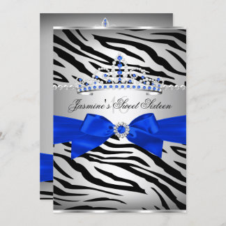 Royal Blue & Black Zebra Sweet 16 Birthday Party Invitation