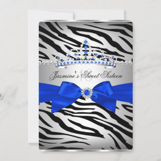 Royal Blue & Black Zebra Sweet 16 Birthday Party Invitation