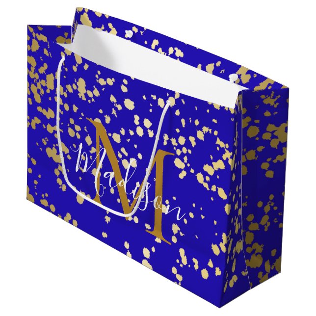 Royal Blue Blond Gold Glitter Personalize Gift Bag (Front Angled)