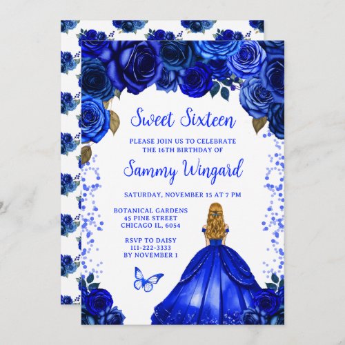 Royal Blue Blonde Hair Princess Sweet Sixteen Invitation