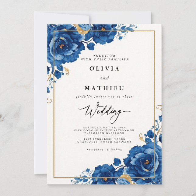 Royal Blue Bloom Botanical Wedding Invitation (Front)