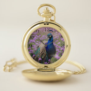 Royal Blue: Blue Peacock In Lavender Field, Pocket Watch