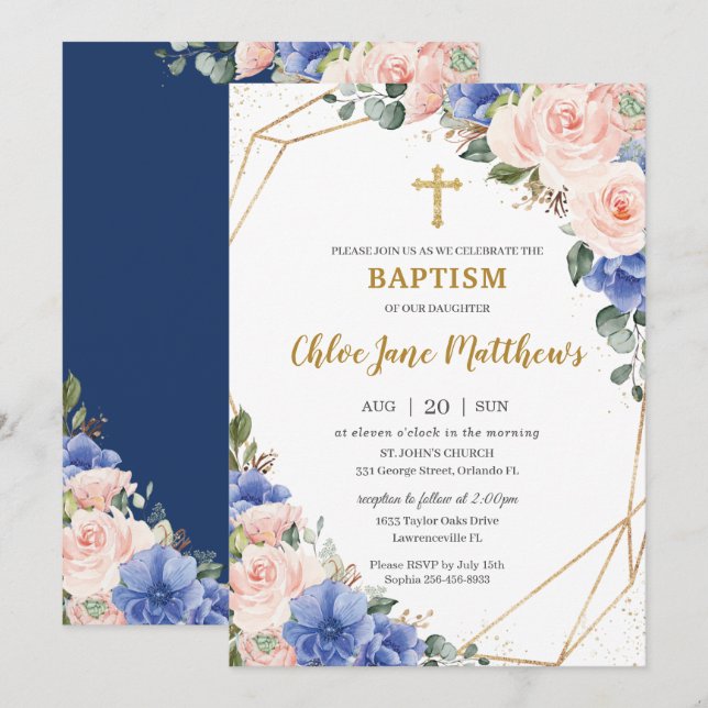 Royal Blue Blush Floral Gold Baptism Christening Invitation (Front/Back)