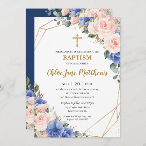 Royal Blue Blush Floral Gold Baptism Christening Invitation