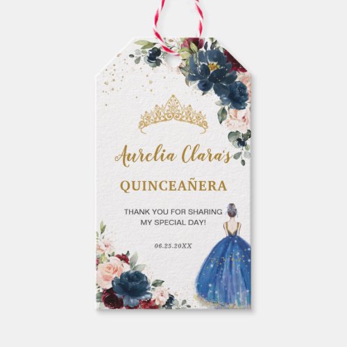 Royal Blue Blush Floral Quinceaera Princess Favor Gift Tags