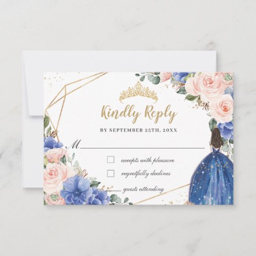 Royal Blue Blush Floral Quinceaera Princess Reply RSVP Card