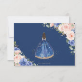 Royal Blue Blush Floral Quinceañera Princess Reply RSVP Card (Back)