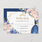 Royal Blue Blush Floral Quinceañera Princess Reply RSVP Card (Front/Back)