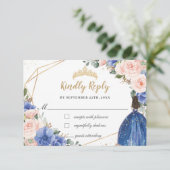 Royal Blue Blush Floral Quinceañera Princess Reply RSVP Card (Standing Front)