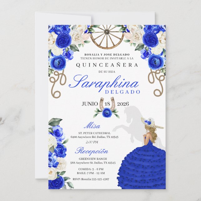 Royal Blue Boots & Roses Charro Quinceañera Invitation (Front)