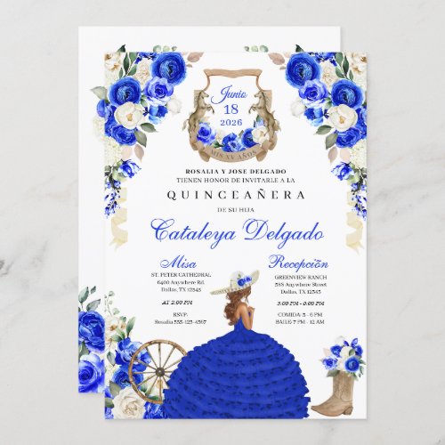 Royal Blue Boots Roses Western Charro  Quinceaera Invitation