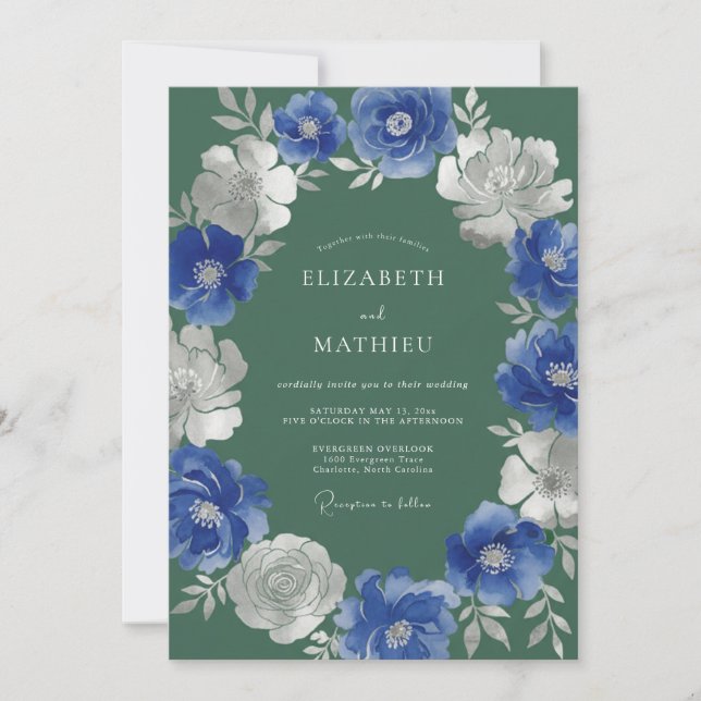 Royal Blue Botanical Flourish Wedding Invitation (Front)