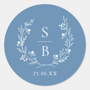 Royal Blue Botanical Monogram Wreath Wedding Classic Round Sticker