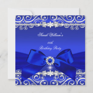 Royal Blue Bow Birthday Party Black Silver Invitation