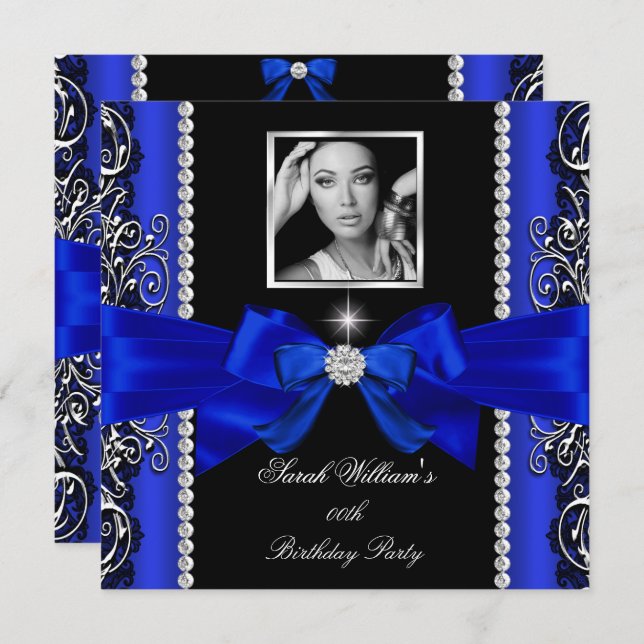 Royal Blue Bow Birthday Party Black Silver Photo 2 Invitation (Front/Back)