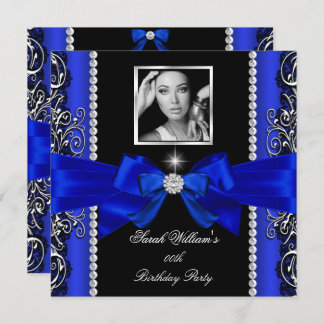 Royal Blue Bow Birthday Party Black Silver Photo 2 Invitation