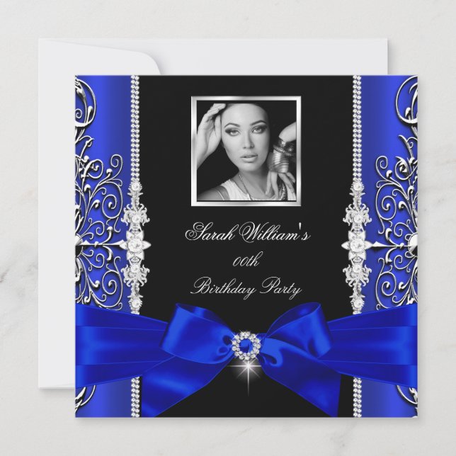 Royal Blue Bow Birthday Party Black Silver Photo 3 Invitation (Front)