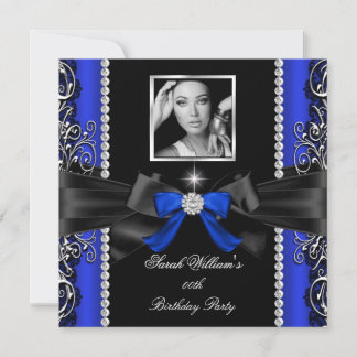 Royal Blue Bow Birthday Party Black Silver Photo Invitation