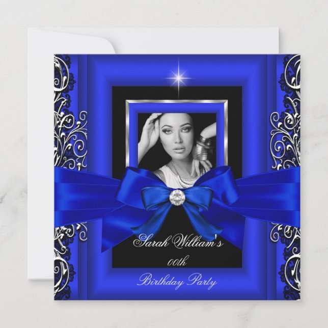 Royal Blue Bow Birthday Party Silver Photo Invitation (Front)