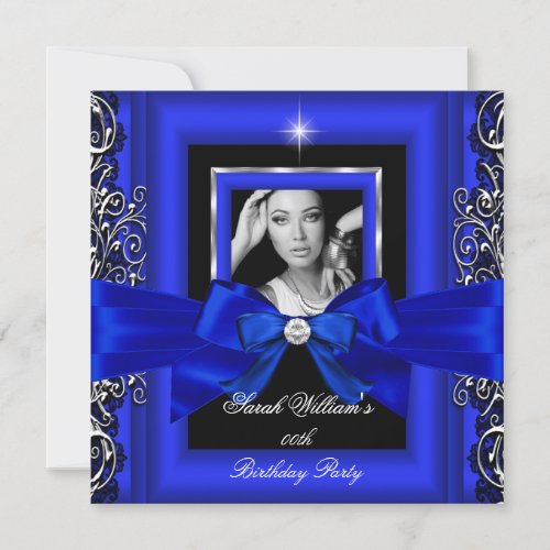 Royal Blue Bow Birthday Party Silver Photo Invitation