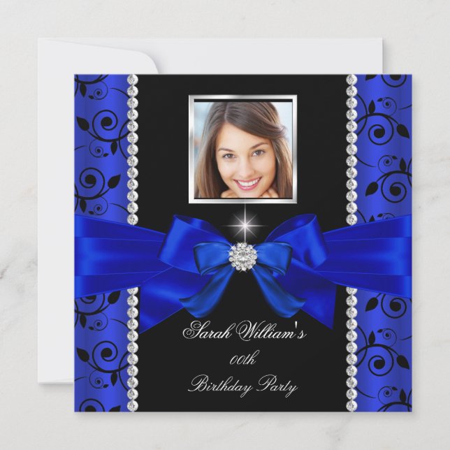 Royal Blue Bow Damask Birthday Party Silver Photo Invitation (Front)