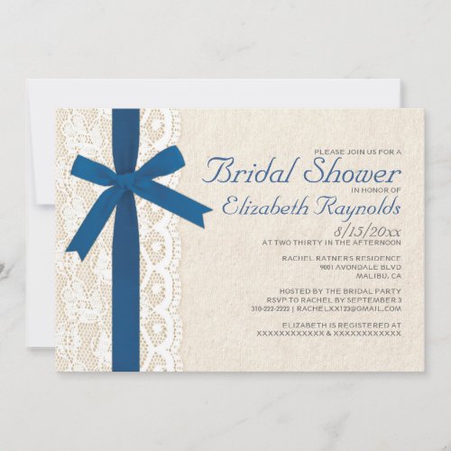Royal Blue Bow &amp; Lace Bridal Shower Invitations