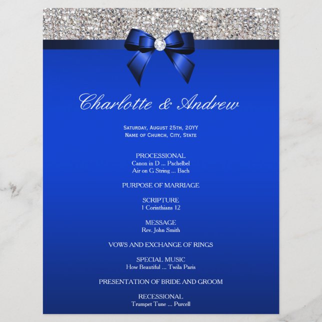 Royal Blue Bow Silver Sequins Wedding Program (Front)