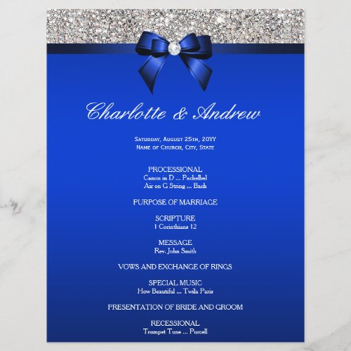 Royal Blue Bow Silver Sequins Wedding Program