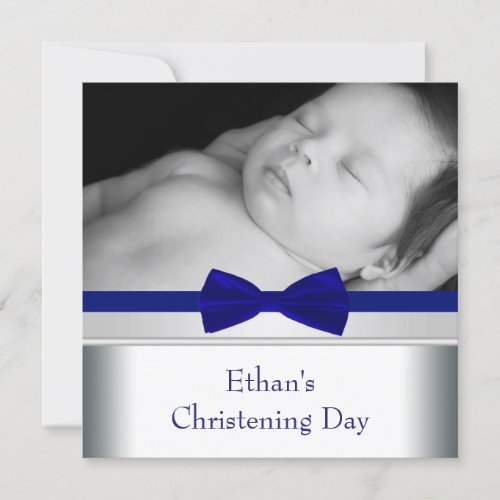 Royal Blue Bow Tie Baby Boy Photo Christening Invitation