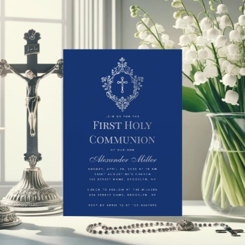 Royal Blue Boy First Communion Vintage Cross Crest Invitation