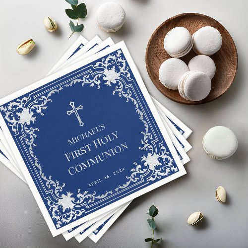 Royal Blue Boy First Communion Vintage Faux Silver