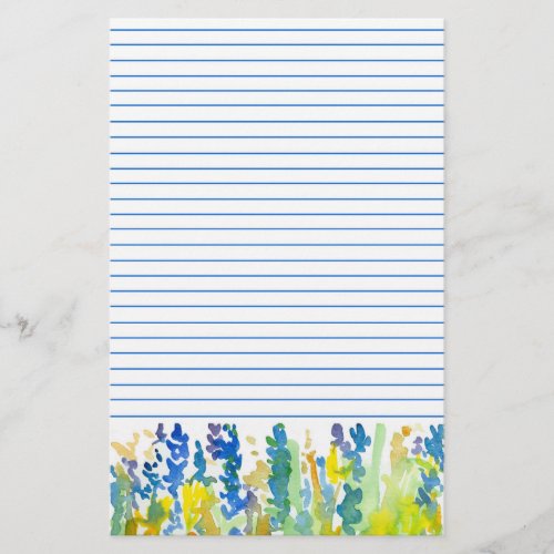 Royal Blue Bright Yellow Watercolor Flowers Lined Stationery