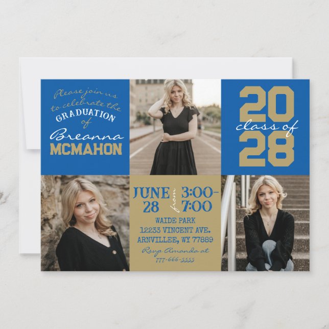 Royal Blue & Bronze3 Photo Graduation Invitation (Front)