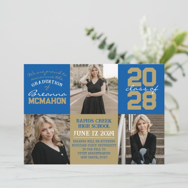 Royal Blue & Bronze Photo Graduation Announcement  (Standing Front)
