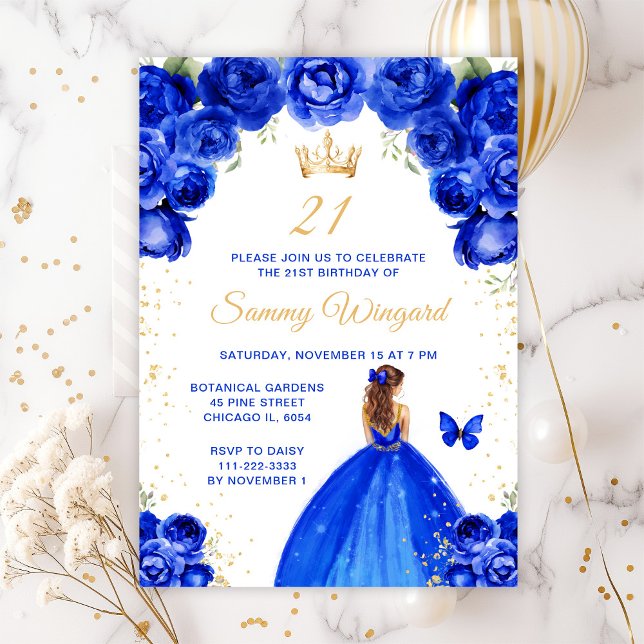 Royal Blue Brown Hair Princess Birthday Party Invitation (Creator Uploaded)