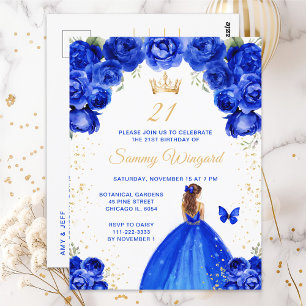 Royal Blue Brown Hair Princess Birthday Party Postcard