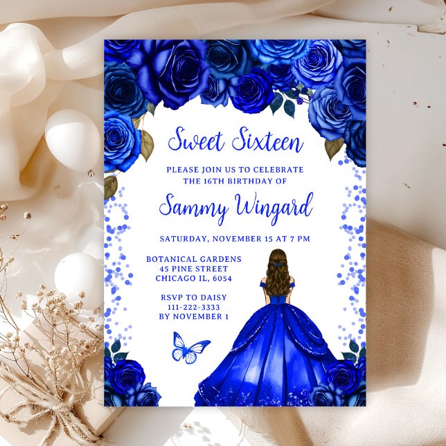 Royal Blue Brown Hair Princess Sweet Sixteen Invitation (Creator Uploaded)