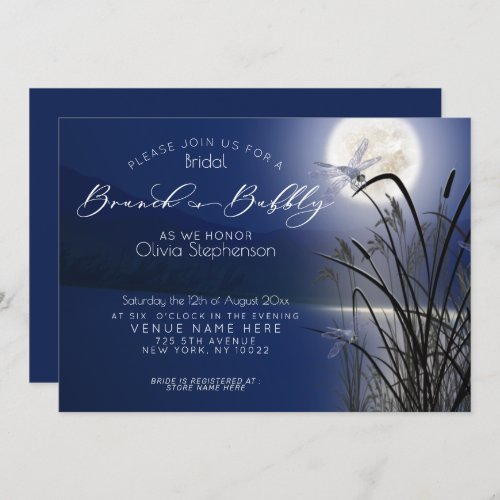 Royal Blue Brunch Bubbly Full Moon Dragonfly Invitation