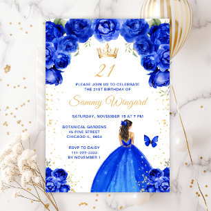 Royal Blue Brunette Hair Princess Birthday Party Invitation