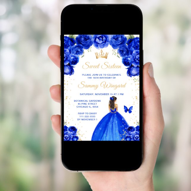 Royal Blue Brunette Hair Princess Sweet Sixteen Invitation (Front Digital)