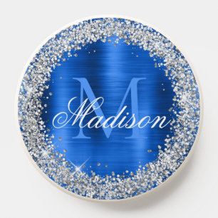 Royal Blue Brushed Metal Silver Glitter Monogram PopSocket