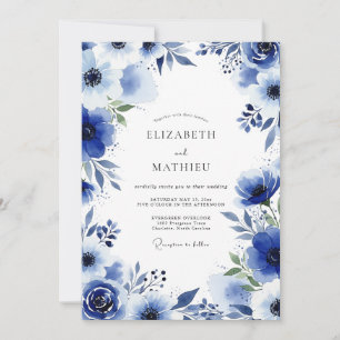 Royal Blue Brushstroke Blossom Wedding Invitation