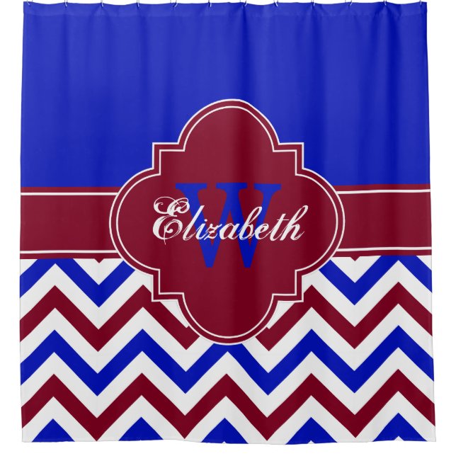 Royal Blue Burgundy LG Chevron 1ICBR Name Monogram Shower Curtain (Front)