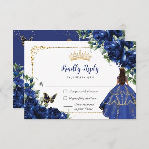 Royal Blue Butterflies Princess Gold Quinceaera RSVP Card