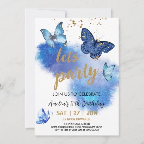 Royal Blue Butterfly Birthday Invite 