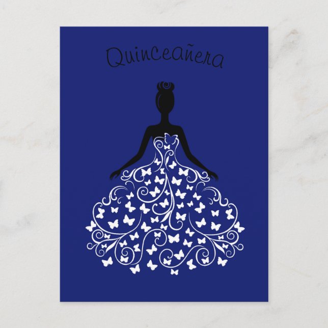 Royal Blue Butterfly Gown Quinceanera Invitation (Front)