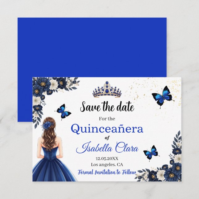 Royal Blue Butterfly Quinceañera Save the Date (Front/Back)